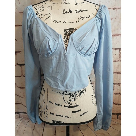 LA HEARTS PACSUN Chambray Denim Cropped Corset Size Large Smocked Puff Sleeve - Picture 1 of 4